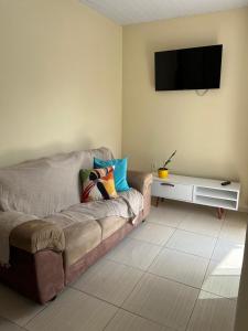 ein Wohnzimmer mit Couch und Flachbildfernseher in der Unterkunft Refúgio da Camboa - Casa Menta in Governador Celso Ramos