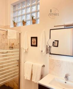 a bathroom with a sink and a mirror at Antigua Cestería in Seville