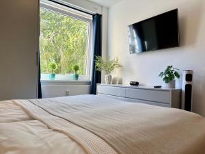 a bedroom with a large bed and a window at Beach&City Bude inkl Saisonstrandkorb in Grömitz