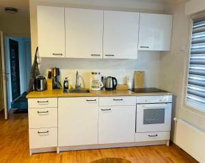 a kitchen with white cabinets and a counter top at Apartment Marielena in Püttlingen +19 photos
