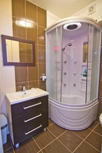 a bathroom with a shower and a sink at Hotel Oxigen Petrosani in Petroşani