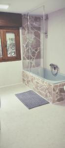 een badkamer met douche met een stenen muur bij La casina Redes -Tlf 67964 nueve cero tres uno in Villamorey