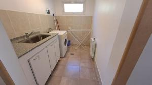 a small bathroom with a sink and a washing machine at Sakura No Ie in San Carlos de Bariloche