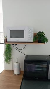 a microwave sitting on a shelf next to a plant at Lodge Larkansièl in Entre-Deux