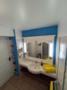 une salle de bain avec un lavabo et un miroir dans l'établissement Ti'Karaïb Appartement Vue Mer, à Sainte-Luce