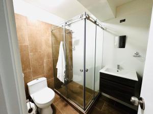 ein Badezimmer mit Dusche, Toilette und Waschbecken in der Unterkunft Alojamiento Mama Ocllo in Lima + 8 Fotos