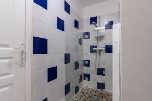 a bathroom with a shower with blue and white tiles at Petit appartement in Saint-Gildas-de-Rhuys +10 photos