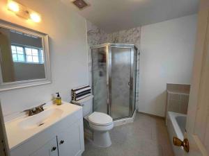 un bagno con doccia, WC e lavandino di Beach House 2Car parking Beach Subway City JFK USB a Edgemere Altre 17 foto