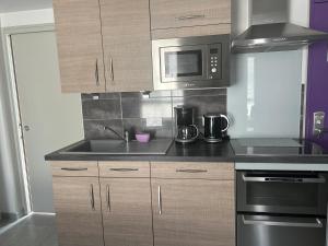 a kitchen with a sink and a microwave at Studio charmant à La Ferrière-aux-Étangs, 27 m², avec Spa in La Ferrière-aux-Étangs