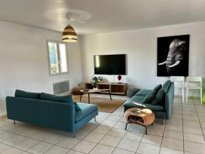Una sala de estar con dos sofás azules y un televisor. en Villa Jungle house, en Alba-la-Romaine