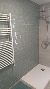 a bathroom with a gray tiled wall and a shower at Apartamento Haro Centro in Haro