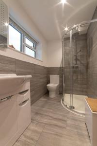 a bathroom with a shower and a toilet and a sink at Nursery Cottage in Ewhurst