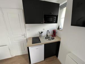 リエヴァンにあるVue sur les Toits - 2p Centre-villeのシンクと電子レンジのある小さなキッチン +3枚の写真