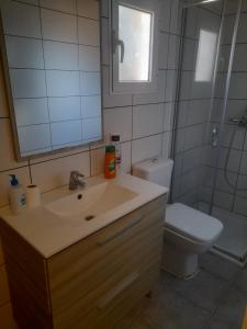 een badkamer met een wastafel, een toilet en een spiegel bij Bungalow en finca de campo in Islas Baleares
