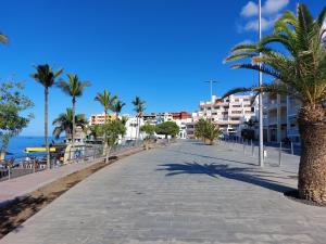Una calle junto a la playa con palmeras y edificios. en MyHomebytheOcean, en Puerto Naos
