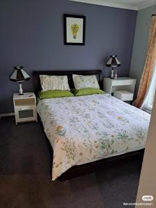 a bedroom with a bed with two night stands and two lamps at Comfortable place in Melbourne