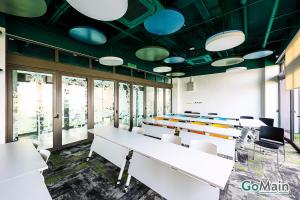 an office with white tables and chairs and blue lights at 24h Check in & SkyPool- KL Sentral Suite Riveria City Near KL Sentral KL KLCC in Kuala Lumpur +37 photos