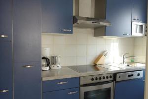a kitchen with blue cabinets and a sink at Haushälfte Luv und Lee in Tating