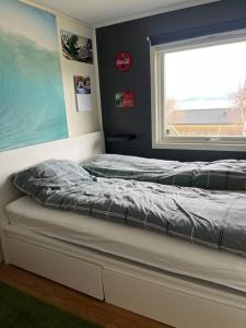 two beds in a room with a window at Eget rom og bad med delt kjøkken, 15 minutter fra Trondheim in Malvik