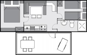 The floor plan of Victoria mobilehome in camping Stella del Sud