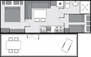 The floor plan of Victoria mobilehome in camping Stella del Sud