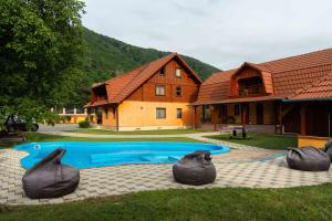 a house with a swimming pool in front of it at Cabana Sargetia in Costeşti