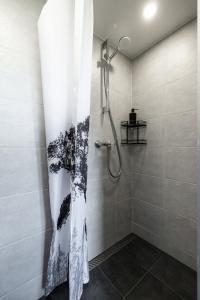 a shower with a shower curtain in a bathroom at Bright Lofts near City Center Harbour in Tallinn