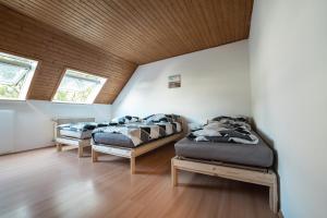 two beds in a room with two windows at Gästezimmer Kalb in Schweinfurt