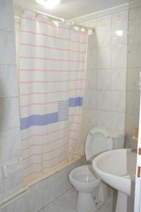 a bathroom with a toilet and a sink and a shower curtain at Huzur 1 in Edirne