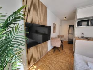 a living room with a large flat screen tv on a wall at SiOUX stilvolle Designapartments im Zentrum in Augsburg