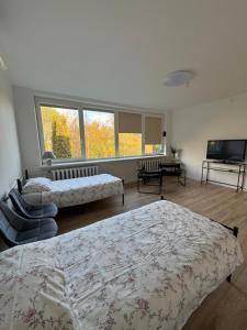 Katil atau katil-katil dalam bilik di PLENTO g APARTAMENTAI BIRŽUOSE
