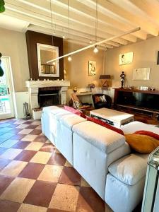 a living room with a couch and a fireplace at Maison Girondine au milieu des vignes du Château d Yquem avec belle vue in Preignac +26 photos