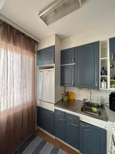 cocina con armarios azules, fregadero y ventana en Studio apartment near the center, en Jyväskylä
