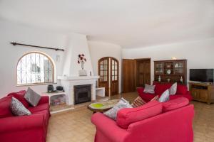 un soggiorno con divani rossi e camino di Casa dos Cães a Poço Partido