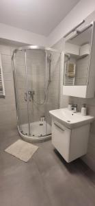 a bathroom with a shower and a sink and a tub at River Living Apartman in Budapest +23 photos