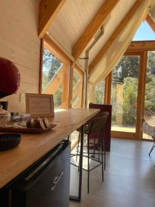 a kitchen with a counter in a tiny house at El Diucón Eco Lodge in Lago Meliquina