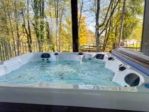 Severin na KupiKVillas的后院的按摩浴缸,种植了树木