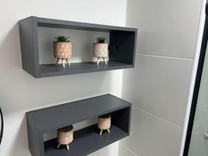 two shelves with potted plants on them on a wall at studio 1104 Teresa WBE · Studio/sp/prox Allianz Parque/Puc/espaço américas in Sao Paulo