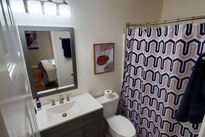 埃佩克斯Apex Comfort - Modern 3BR 2BA Home in Apex, NC的带水槽和浴帘的浴室 更多29张照片