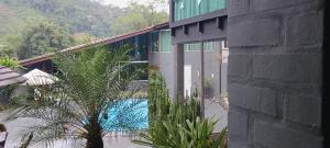 a building with a palm tree in front of a pool at Pousada Morauer in Gaspar Alto