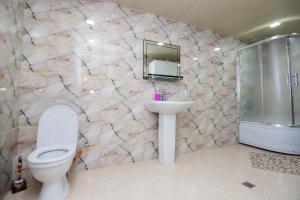 uma casa de banho com um WC, um lavatório e um chuveiro em Apartamenti Gomi 17 em Tbilisi