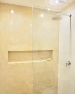 a shower with a glass door in a bathroom at Casa da Leoa in Sal Rei
