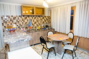cocina con mesa, sillas y barra en Apartamenti Gomi 17 en Tiflis