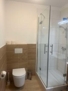 a bathroom with a toilet and a glass shower at Apartament 505 in Mielno +8 photos