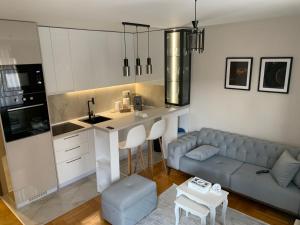 a living room with a couch and a kitchen at Urban Apartman-privatan parking- in Kraljevo
