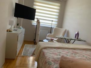 a bedroom with a bed and a chair and a television at Urban Apartman-privatan parking- in Kraljevo