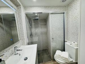 a bathroom with a toilet and a sink and a shower at Loft muy céntrico a 250m del mar in Vinarós