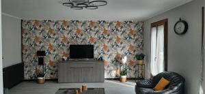 a living room with a tv and a wall with a wallpaper at Maison familiale à Gerde in Gerde