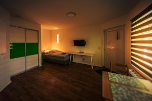 a living room with a couch and a table and a television at GottwaldHaus-Freiberg-Apartment C in Freiberg