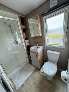 a small bathroom with a toilet and a shower at Wildcat Lodge Grantown on Spey in Grantown on Spey +20 photos